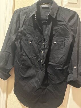 Avenue Black Button-Down Shirt with White Stripe Trim